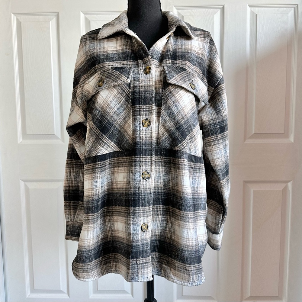Wild Fable Gray and Tan Flannel Fleece Shacket
